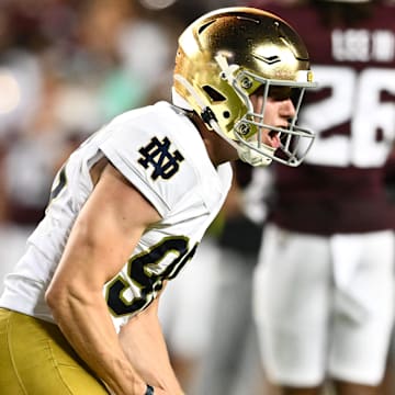 Aug 31, 2024; College Station, Texas, USA; Notre Dame Fighting Irish place kicker Mitch Jeter (98) reacts after kicking the ball during the fourth quarter against the Texas A&M Aggies at Kyle Field. 