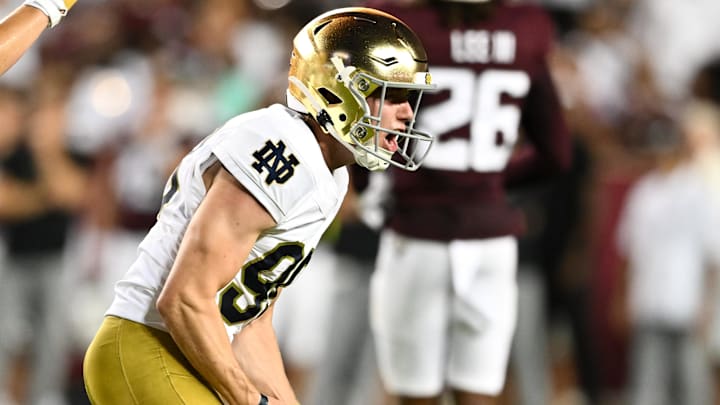 Aug 31, 2024; College Station, Texas, USA; Notre Dame Fighting Irish place kicker Mitch Jeter (98) reacts after kicking the ball during the fourth quarter against the Texas A&M Aggies at Kyle Field. 