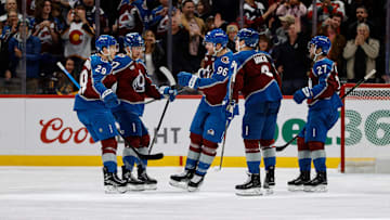 Jan 2, 2025; Denver, Colorado, USA; Colorado Avalanche right wing Mikko Rantanen (96) celebrates his goal with center Casey Mittelstadt (37) and center Nathan MacKinnon (29) and defenseman Cale Makar (8) and left wing Jonathan Drouin (27) in the third period against the Buffalo Sabres at Ball Arena. Mandatory Credit: Isaiah J. Downing-Imagn Images