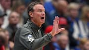 Oct 28, 2025; Lawrence, KS, USA; Kansas Jayhawks head coach Bill Self reacts during the first half against the Fort Hays State Tigers at Allen Fieldhouse. Mandatory Credit: Jay Biggerstaff-Imagn Images