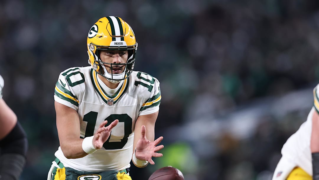Jan 12, 2025; Philadelphia, Pennsylvania, USA; Green Bay Packers quarterback Jordan Love (10) drops back to pass against the Philadelphia Eagles during the third quarter in an NFC wild card game at Lincoln Financial Field. Mandatory Credit: Bill Streicher-Imagn Images