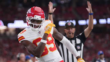 Kansas City Chiefs receiver Jason Brownlee (89) celebrates his touchdown against the Arizona Cardinals during their preseason game at State Farm Stadium on Aug. 9, 2025.