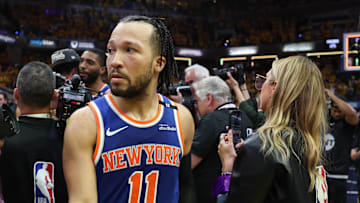 May 31, 2025; Indianapolis, Indiana, USA; New York Knicks guard Jalen Brunson (11) reacts after game six of the eastern conference finals against the Indiana Pacers for the 2025 NBA Playoffs at Gainbridge Fieldhouse. Mandatory Credit: Trevor Ruszkowski-Imagn Images