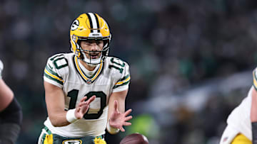 Jan 12, 2025; Philadelphia, Pennsylvania, USA; Green Bay Packers quarterback Jordan Love (10) drops back to pass against the Philadelphia Eagles during the third quarter in an NFC wild card game at Lincoln Financial Field. Mandatory Credit: Bill Streicher-Imagn Images