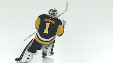 Sep 27, 2025; Pittsburgh, Pennsylvania, USA;  Pittsburgh Penguins goaltender Sergei Murashov (1) takes the ice to warm up before the game against the Columbus Blue Jackets at PPG Paints Arena. Mandatory Credit: Charles LeClaire-Imagn Images