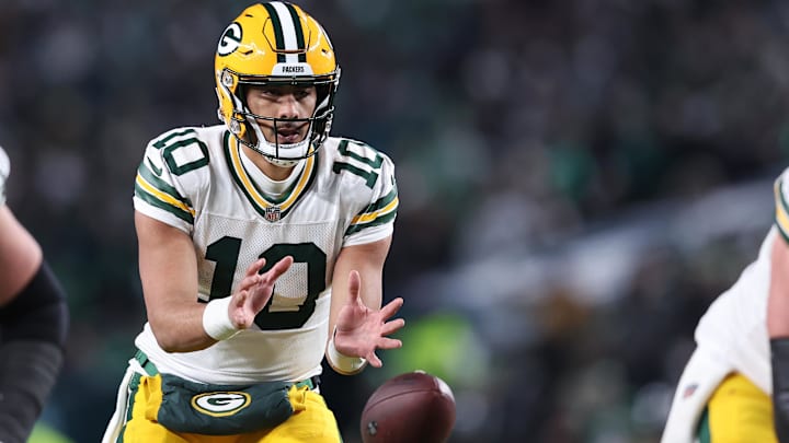 Green Bay Packers quarterback Jordan Love (10) drops back to pass against the Philadelphia Eagles during the third quarter in an NFC wild card game at Lincoln Financial Field.