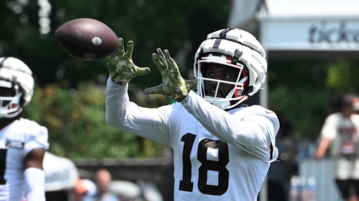 Aug 4, 2024; Cleveland Browns wide receiver David Bell (18) catches the ball during practice at the Browns training facility in Berea, Ohio. Mandatory Credit: Bob Donnan-Imagn Images