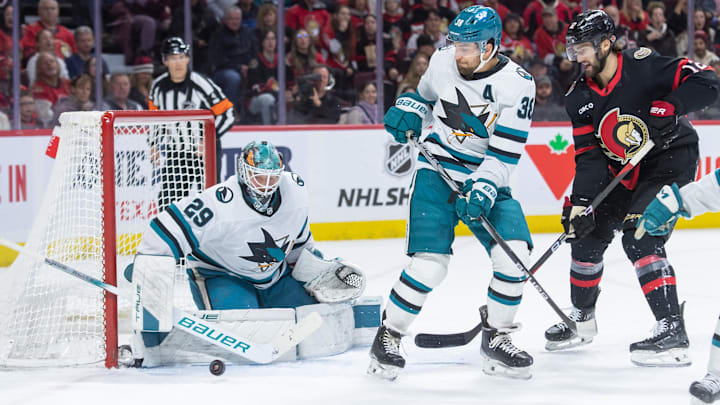 Jan 13, 2024; Ottawa, Ontario, CAN; San Jose Sharks goalie Mackenzie Blackwood (29) makes a save in