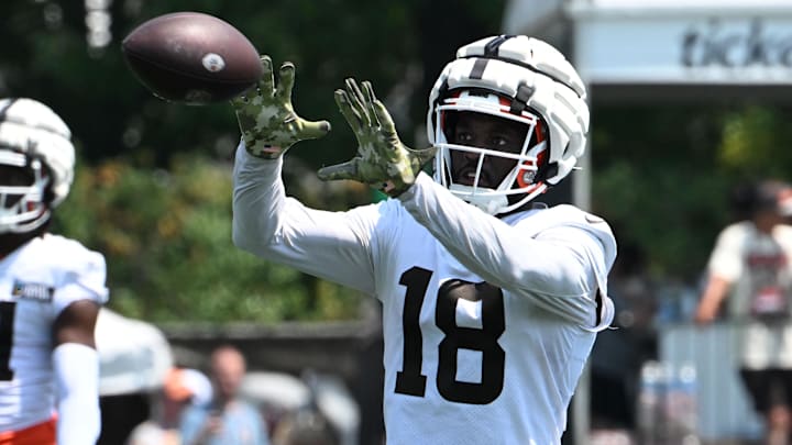 Aug 4, 2024; Cleveland Browns wide receiver David Bell (18) catches the ball during practice at the Browns training facility in Berea, Ohio. Mandatory Credit: Bob Donnan-Imagn Images