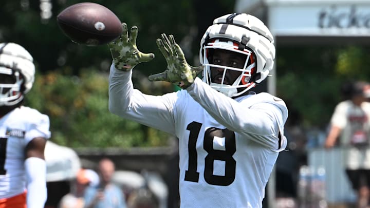 Aug 4, 2024; Cleveland Browns wide receiver David Bell (18) catches the ball during practice at the Browns training facility in Berea, Ohio.