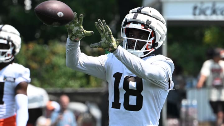 Aug 4, 2024; Cleveland Browns wide receiver David Bell (18) catches the ball during practice at the Browns training facility in Berea, Ohio. Mandatory Credit: Bob Donnan-USA TODAY Sports