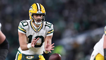 Jan 12, 2025; Philadelphia, Pennsylvania, USA; Green Bay Packers quarterback Jordan Love (10) drops back to pass against the Philadelphia Eagles during the third quarter in an NFC wild card game at Lincoln Financial Field. Mandatory Credit: Bill Streicher-Imagn Images