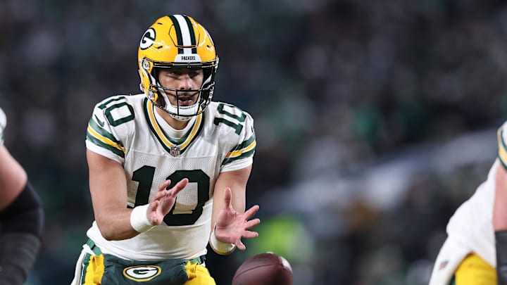 Jan 12, 2025; Philadelphia, Pennsylvania, USA; Green Bay Packers quarterback Jordan Love (10) drops back to pass against the Philadelphia Eagles during the third quarter in an NFC wild card game at Lincoln Financial Field. Mandatory Credit: Bill Streicher-Imagn Images