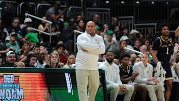 Feb 1, 2025; Coral Gables, Florida, USA; Notre Dame Fighting Irish head coach Micah Shrewsberry watches from the sideline against the Miami Hurricanes during the first half at Watsco Center. Mandatory Credit: Sam Navarro-Imagn Images