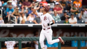 Florida State's Daniel Cantu (32) celebrates a home run during a NCAA College World Series game between Tennessee and Florida State at Charles Schwab Field in Omaha, Neb., on Wednesday, June 19, 2024.