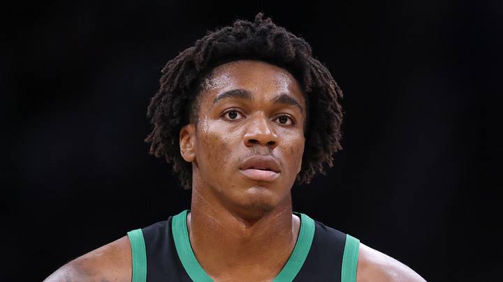 Nov 1, 2025; Boston, Massachusetts, USA; Boston Celtics center Amari Williams (77) reacts during the second half against the Houston Rockets at TD Garden. Mandatory Credit: Paul Rutherford-Imagn Images