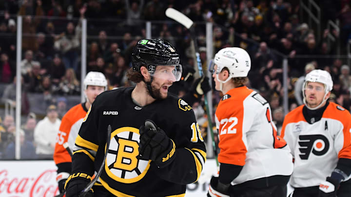 Jan 29, 2026; Boston, Massachusetts, USA; Boston Bruins center Pavel Zacha (18) reacts after scoring a goal during the first period against the Philadelphia Flyers at TD Garden. Mandatory Credit: Bob DeChiara-Imagn Images