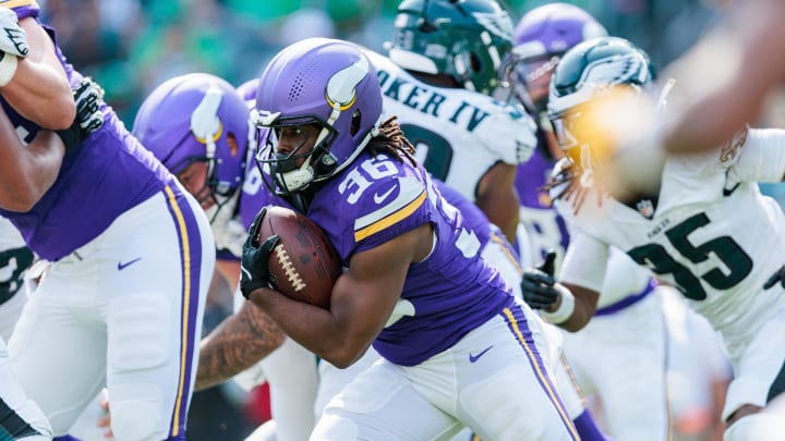 Aug 24, 2024; Philadelphia, Pennsylvania, USA; Minnesota Vikings running back Mohamed Ibrahim (36) runs the ball against the Philadelphia Eagles during the fourth quarter at Lincoln Financial Field. Mandatory Credit: Caean Couto-USA TODAY Sports