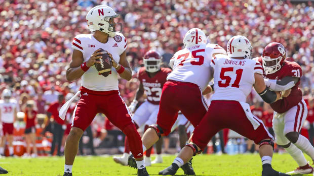 Nebraska Cornhuskers quarterback Adrian Martinez in action during the game against the Oklahoma Sooners.