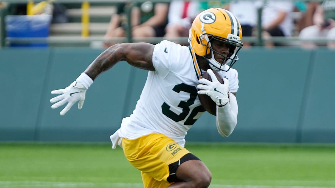 Green Bay Packers running back MarShawn Lloyd (32) runs through a drill during the second day of training camp on Thursday, July 24, 2025, at Ray Nitschke Field in Ashwaubenon, Wis. Green Bay Packers running back MarShawn Lloyd (32) runs through a drill during the second day of training camp on Thursday, July 24, 2025, at Ray Nitschke Field in Ashwaubenon, Wis.