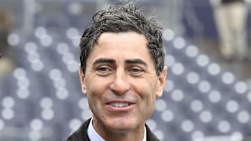 Mar 27, 2025; San Diego, California, USA; San Diego Padres general manager A.J. Preller looks on before an Opening Day baseball game between the San Diego Padres and the Atlanta Braves at Petco Park. Mandatory Credit: Denis Poroy-Imagn Images
