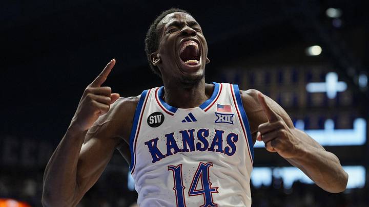 Feb 7, 2026; Lawrence, Kansas, USA; Kansas Jayhawks guard Melvin Council Jr. (14) celebrates during the second half against the Kansas Jayhawks at Allen Fieldhouse. Mandatory Credit: Jay Biggerstaff-Imagn Images