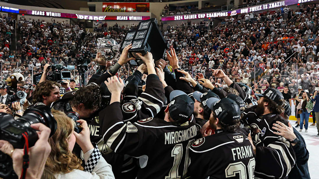 The Bears hoist the Cup. The Hershey Bears hosted the Coachella Valley Firebirds Game 6 of the Calder Cup Finals at Giant Center on Monday June 24, 2024. The Bears defeated the Firebirds, 5-4 in OT to claim their 13th Calder Cup Championship and their second in a row.s.
