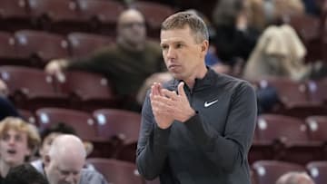 Nov 19, 2023; Charleston, SC, USA; North Texas Mean Green head coach Ross Hodge reacts to a call on the court in the first half against the Towson Tigers at TD Arena. Mandatory Credit: David Yeazell-Imagn Images