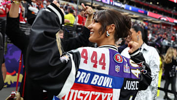 Kristin Juszczyk arrives before Super Bowl LVIII between the Kansas City Chiefs and the San Francisco 49ers at Allegiant Stadium.