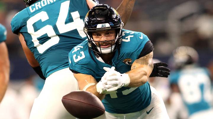 Aug 12, 2023; Arlington, Texas, USA; Jacksonville Jaguars fullback Derek Parish (43) cannot catch a pass in the third quarter against the Dallas Cowboys at AT&T Stadium. Mandatory Credit: Tim Heitman-USA TODAY Sports
