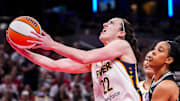Indiana Fever guard Caitlin Clark goes up for a basket during a game between the Indiana Fever and the Golden State Valkyries at Gainbridge Fieldhouse in Indianapolis.