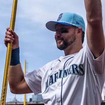 Seattle Mariners designated hitter Cal Raleigh (29) celebrates after a game against the Pittsburgh Pirates at T-Mobile Park on July 4. 