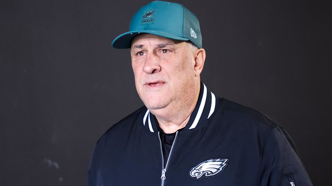 Dec 14, 2025; Philadelphia, Pennsylvania, USA; Philadelphia Eagles defensive coordinator Vic Fangio walks onto the field before the game against the Las Vegas Raiders at Lincoln Financial Field.