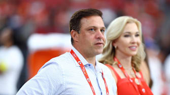 Aug 9, 2025; Glendale, Arizona, USA; Kansas City Chiefs general manager Brett Veach against the Arizona Cardinals during a preseason NFL game at State Farm Stadium. Mandatory Credit: Mark J. Rebilas-Imagn Images