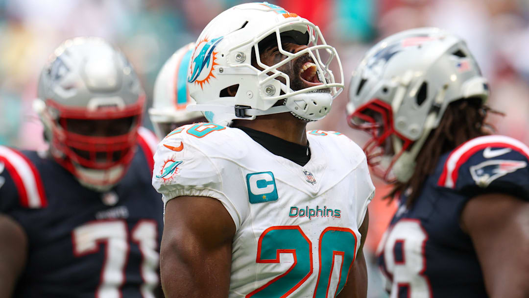 Miami Dolphins linebacker Jordyn Brooks reacts after a play against the New England Patriots.