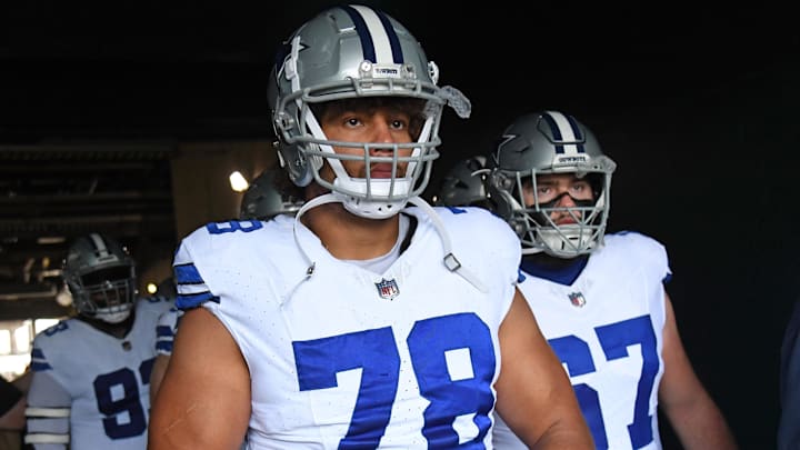 Dec 29, 2024; Philadelphia, Pennsylvania, USA; Dallas Cowboys offensive tackle Terence Steele (78) and center Brock Hoffman (67) against the Philadelphia Eagles at Lincoln Financial Field.