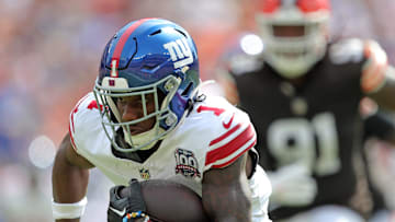 New York Giants wide receiver Malik Nabers (1) runs for yards after a catch during the first half of an NFL football game at Huntington Bank Field, Sunday, Sept. 22, 2024, in Cleveland, Ohio.