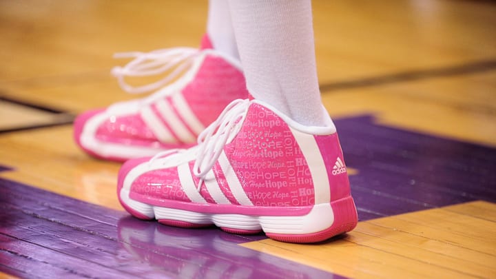 Aug 8, 2010; Phoenix, AZ, USA; Detail view of Phoenix Mercury forward Tangela Smith wears pink Adidas breast cancer awareness shoes at US Airways Center. Mandatory Credit: Jennifer Stewart-Imagn Images Aug 8, 2010; Phoenix, AZ, USA; Detail view of Phoenix Mercury forward Tangela Smith wears pink Adidas breast cancer awareness shoes at US Airways Center. Mandatory Credit: Jennifer Stewart-Imagn Images
