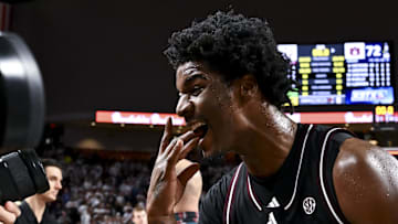 Mar 4, 2025; College Station, Texas, USA; Texas A&M Aggies forward Solomon Washington (9) reacts after the game against the Auburn Tigers at Reed Arena. Mandatory Credit: Maria Lysaker-Imagn Images 