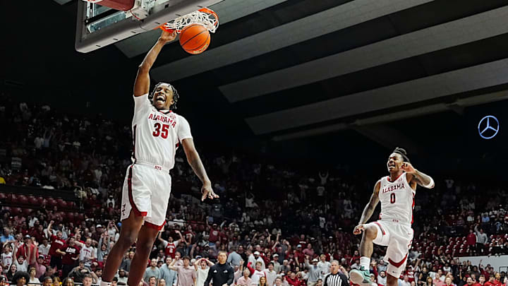 Nov 4, 2024; Tuscaloosa, Alabama, USA; Alabama forward Derrion Reid (35) gets a breakaway dunk and his teammate Alabama guard Labaron Philon (0) celebrates during the game with UNC Asheville at Coleman Coliseum.