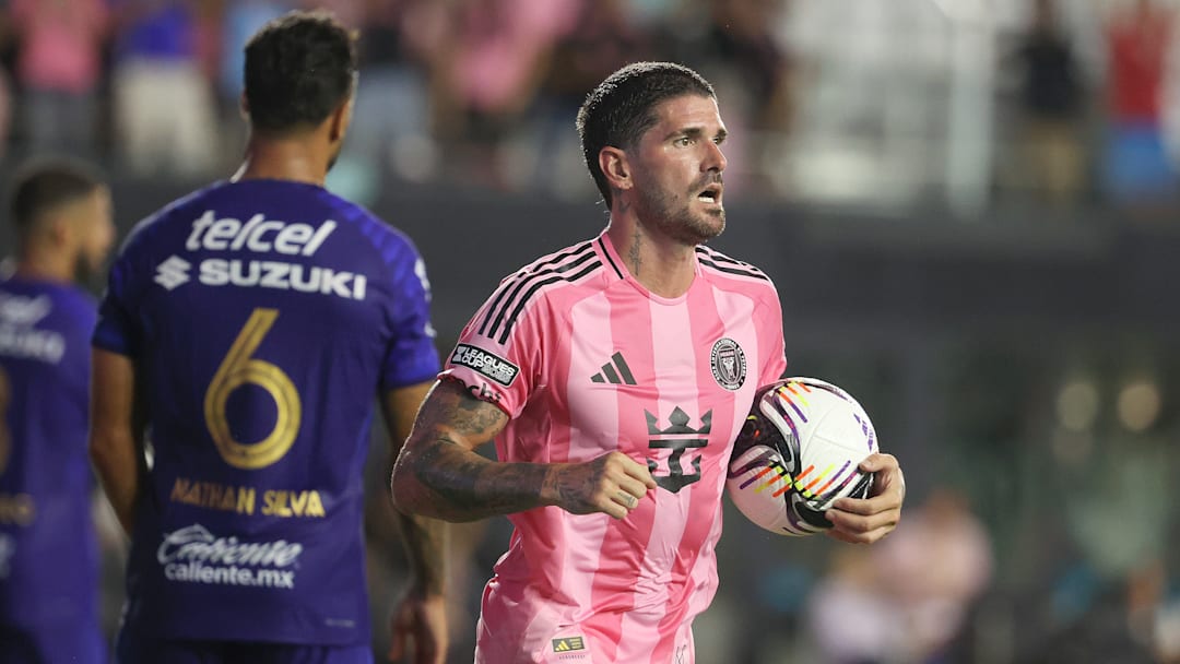 Inter Miami CF midfielder Rodrigo DePaul holds the ball with which he scored his first goal for the Herons in a 3-1 Leagues Cup win Saturday against Pumas UNAM.