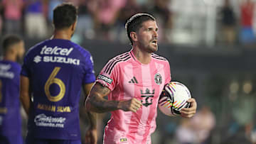 Inter Miami CF midfielder Rodrigo DePaul holds the ball with which he scored his first goal for the Herons in a 3-1 Leagues Cup win Saturday against Pumas UNAM.