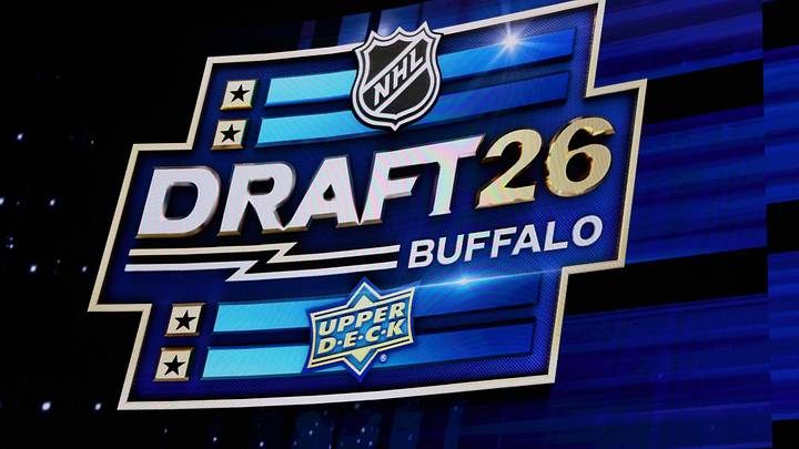 Jun 26, 2026; Buffalo, New York, USA; The logo for the NHL draft during the first round at KeyBank Center. Mandatory Credit: Timothy T. Ludwig-Imagn Images