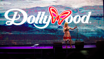 Dolly Parton speaks at the Celebrity Theatre at opening day for the 2024 season at Dollywood in Pigeon Forge, Tenn., Friday, March 8, 2024.