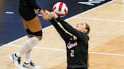 Nebraska's Bergen Reilly sets a ball against Penn State.