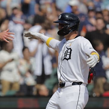 Sep 1, 2024; Detroit, Michigan, USA;  Detroit Tigers first base Spencer Torkelson celebrates with outfielder Kerry Carpenter.