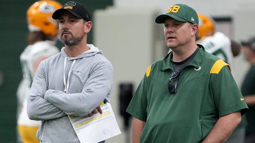 Packers head coach Matt LaFleur, left, talks with general manager Brian Gutekunst during organized team activities in Green Bay.