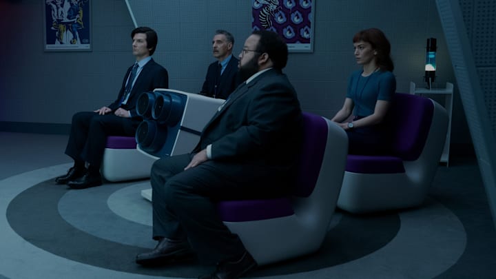 Adam Scott, John Turturro, Zach Cherry and Britt Lower in "Severance," now streaming on Apple TV+.