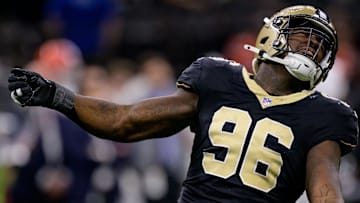 Nov 17, 2024; New Orleans, Louisiana, USA; New Orleans Saints defensive end Carl Granderson (96) celebrates a tackle for a loss against the Cleveland Browns during the first half at Caesars Superdome.