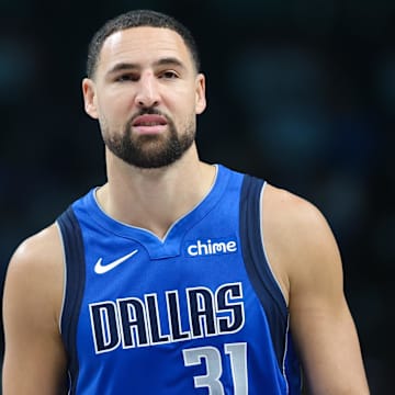 Nov 5, 2025; Dallas, Texas, USA;  Dallas Mavericks guard Klay Thompson (31) reacts against the New Orleans Pelicans during the first quarter at American Airlines Center. Mandatory Credit: Kevin Jairaj-Imagn Images